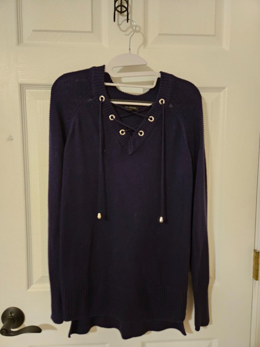 Vintage "The Limited" Navy Lace-Up V-Neck Sweater (Small)